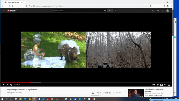 Fotografija št. 2. Tajči Čekada v videoperformansu z naslovom The Picnic (2013), ki je del dvokanalne videoinstalacije Boar, She-Boar, Boar Meat (2013).