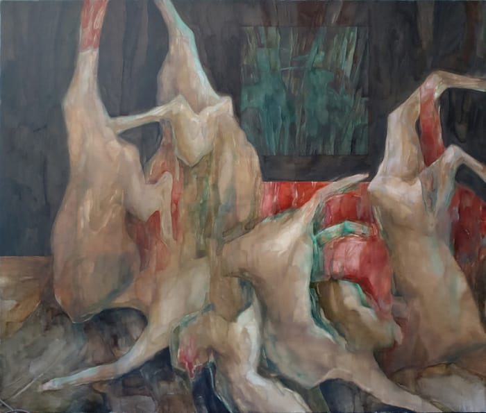 Urška Jenčič, Telo in meso (tihožitje), 2021, olje na platno, 170 x 200 cm