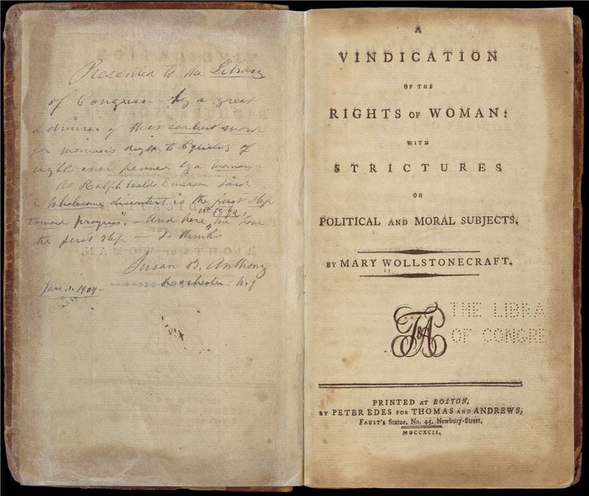 prva izdaja knjige Zagovor pravic ženske (1792) avtorice Mary Wollstonecraft